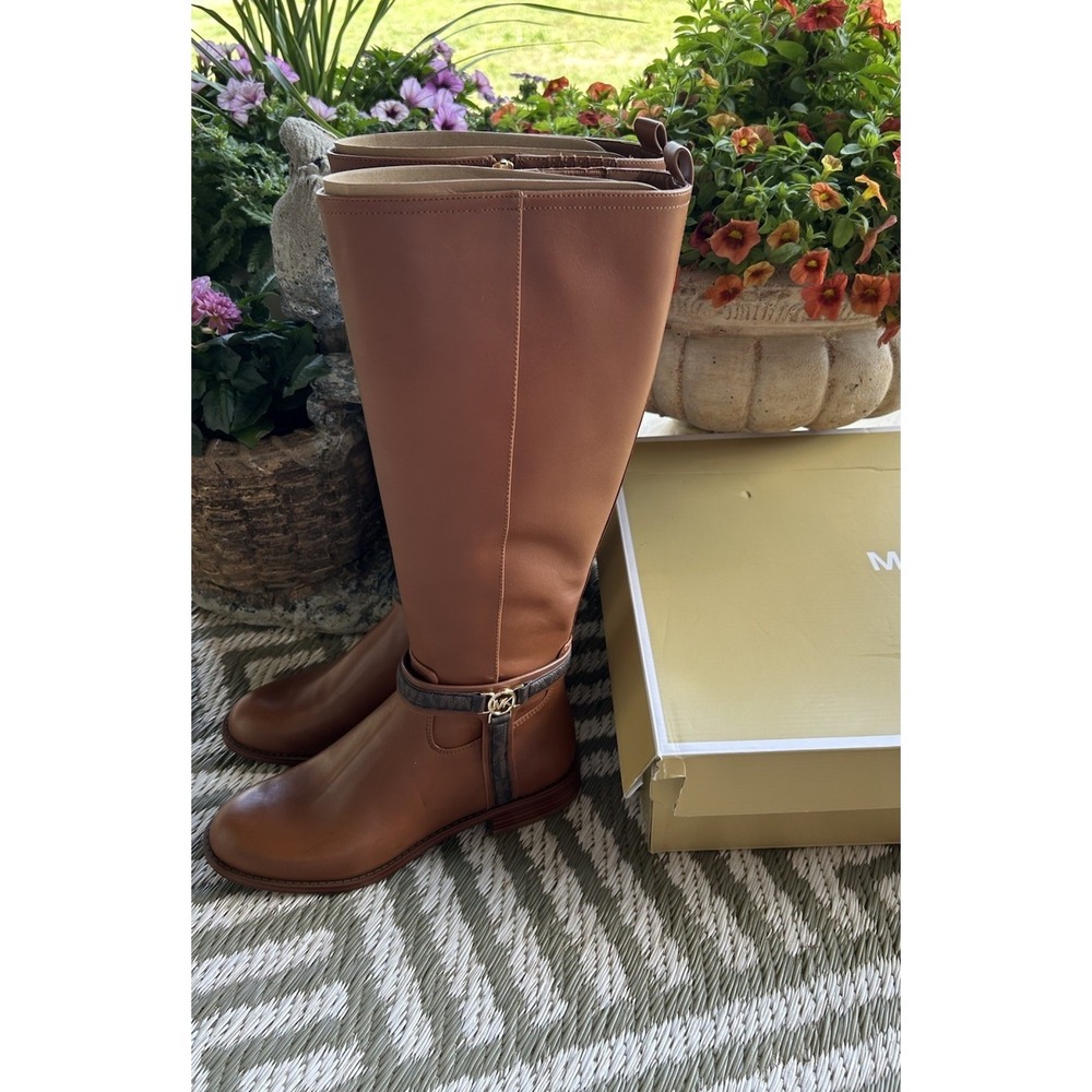 $375 Michael Kors Mindy Leather and Signature Logo Trim Boot Brown 5.5 - Picture 3 of 6